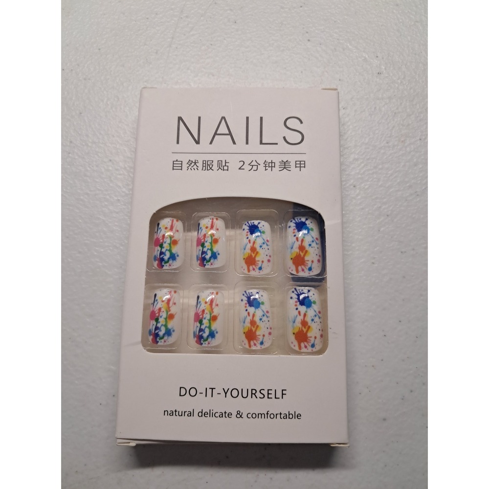 Multicolor Paint Splatter Press On Nails DIY Kit White Square Artistic Manicure